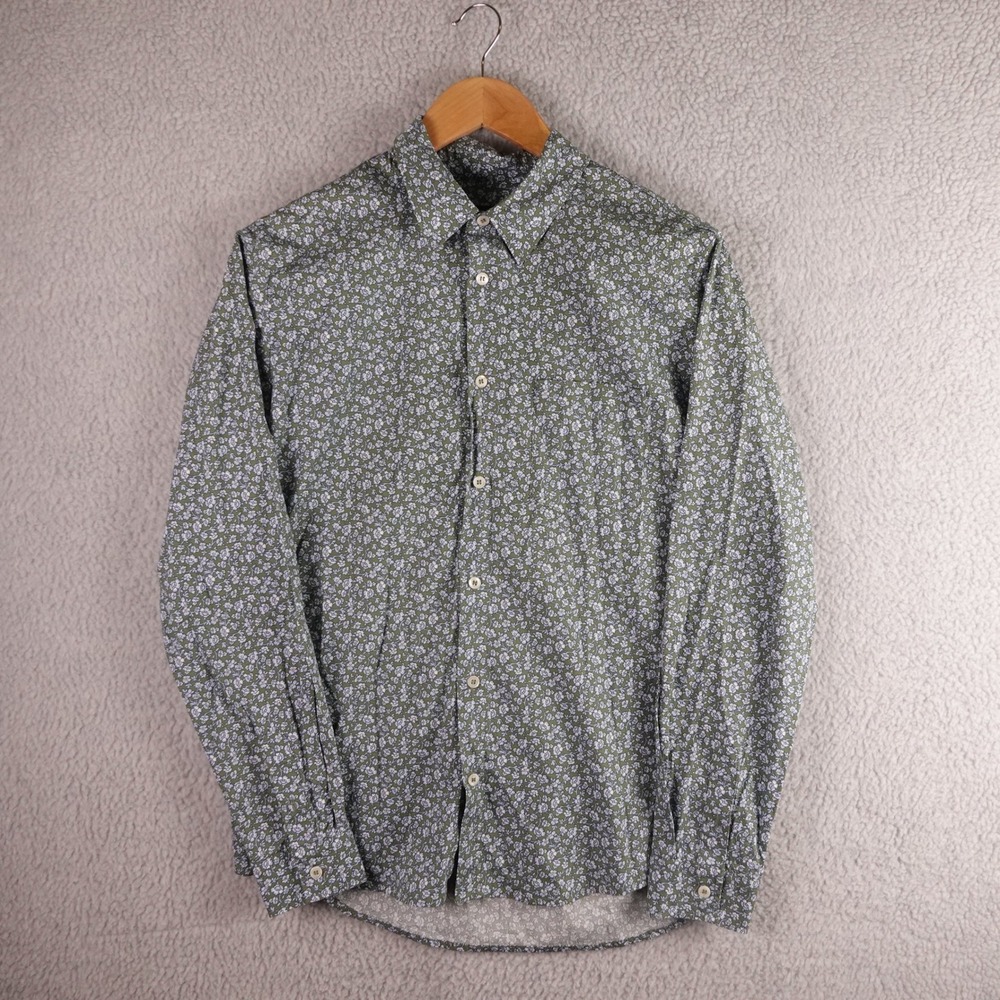 APC Mens Floral Print Long Sleeve Button Down Shirt Green Blue Cotton Size M